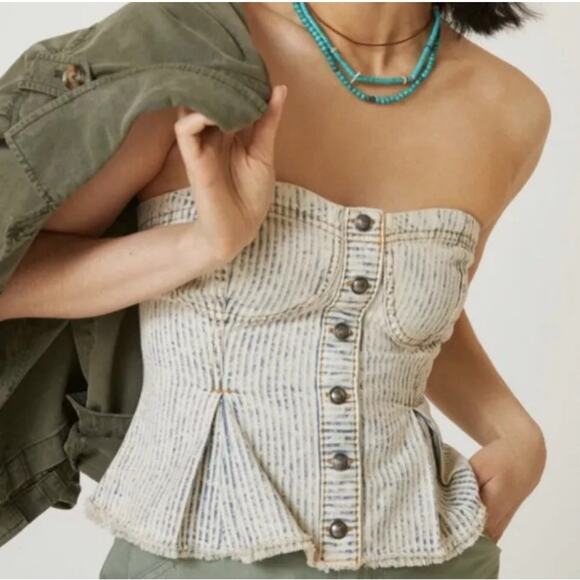 $90 NWT “ANTHROPOLOGIE” Size S BUTTONDOWN STRIPE DENIM PEPLUM CORSET by PILCRO - Picture 1 of 11